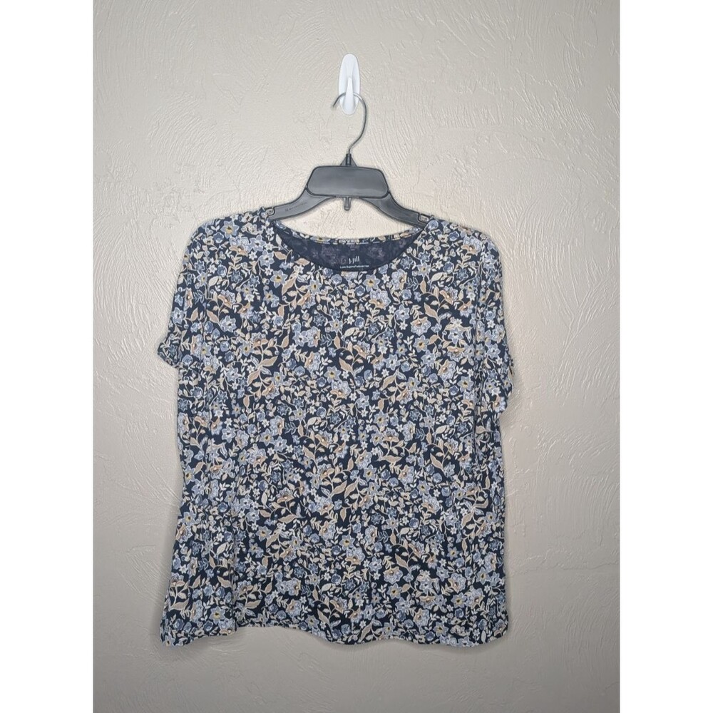 J. Jill Womens Large Blue Beige Floral Luxe Supima Relaxe Tee Shirt Short Sleeve